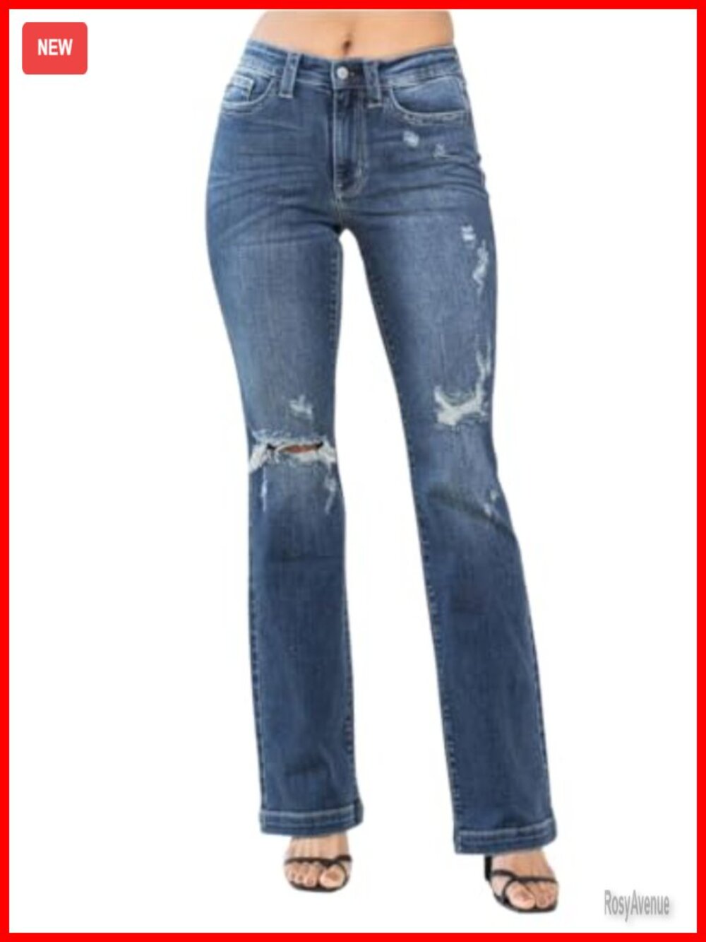 Mid Rise Distressed Bootcut Jeans Flat Front Zipper Casual Denim